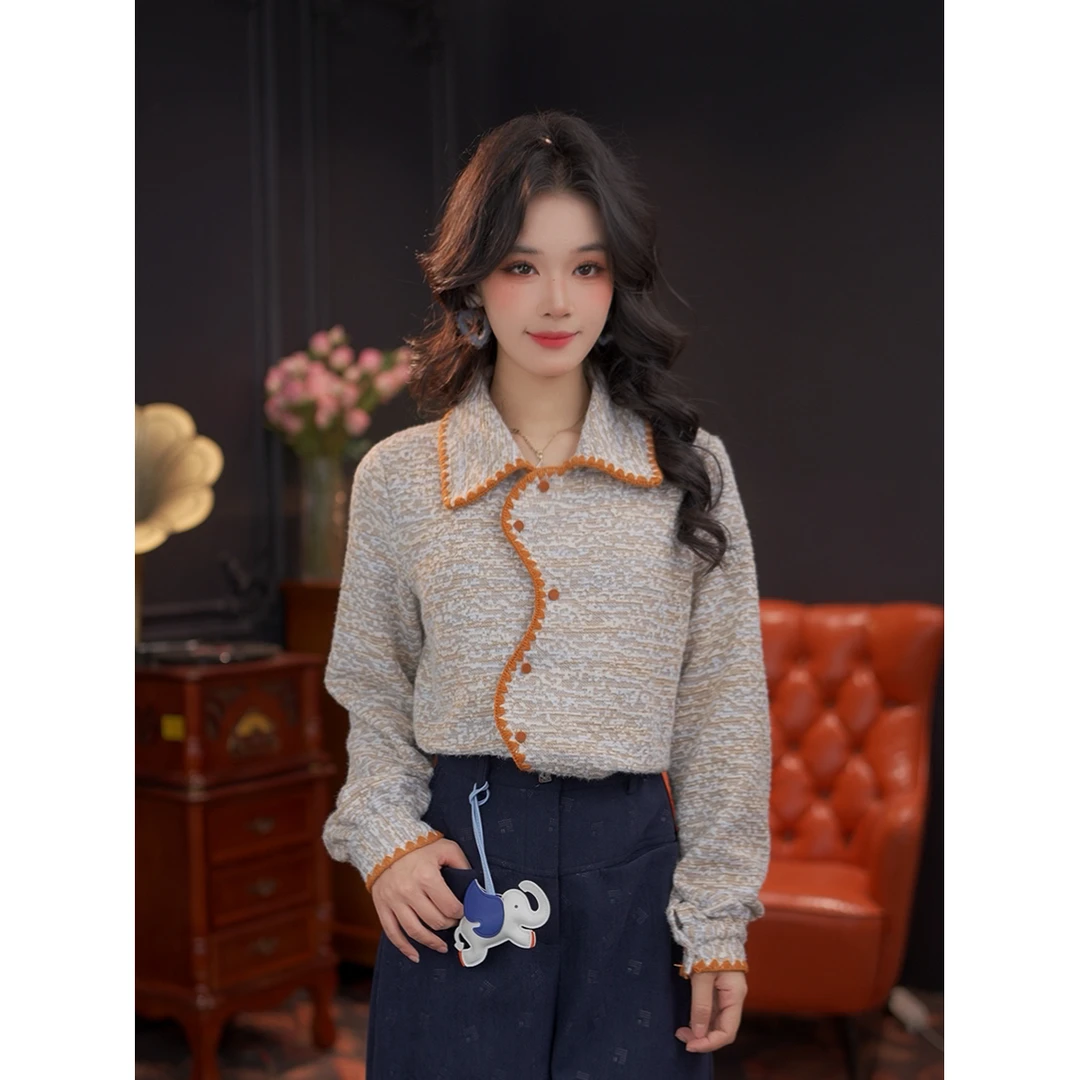 婉儿【语思】不规则撞色上衣冬季百搭加厚保暖打底长袖衬衫#G14884