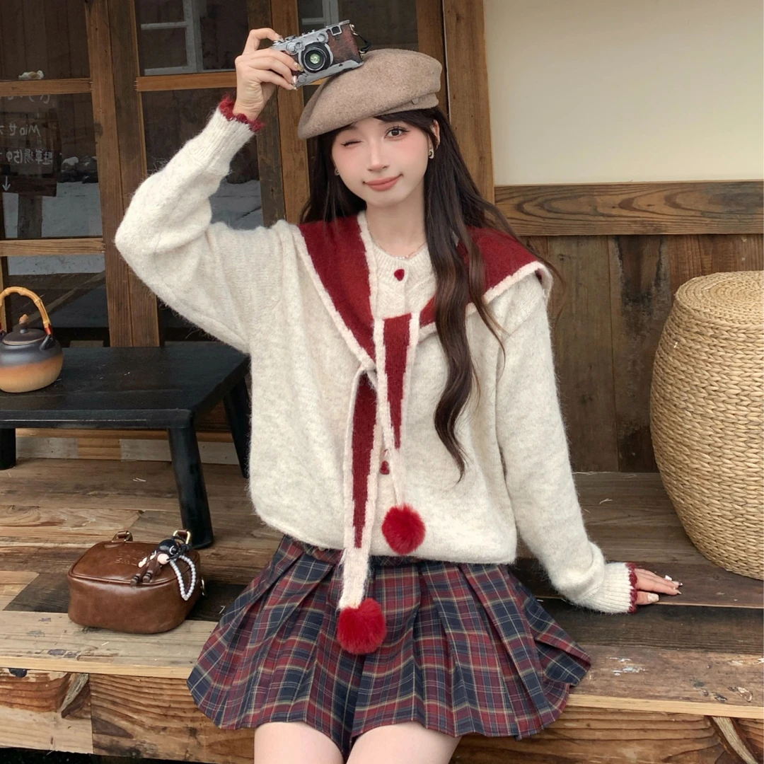 慕兔法式甜美带披肩针织开衫两件套秋冬设计感小众上衣TU30169