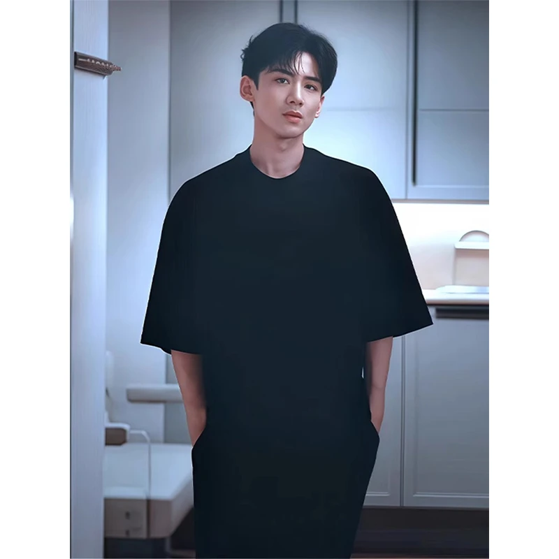黑色t恤男夏季纯棉oversize短袖小领口高级感内搭宽松重磅五分袖