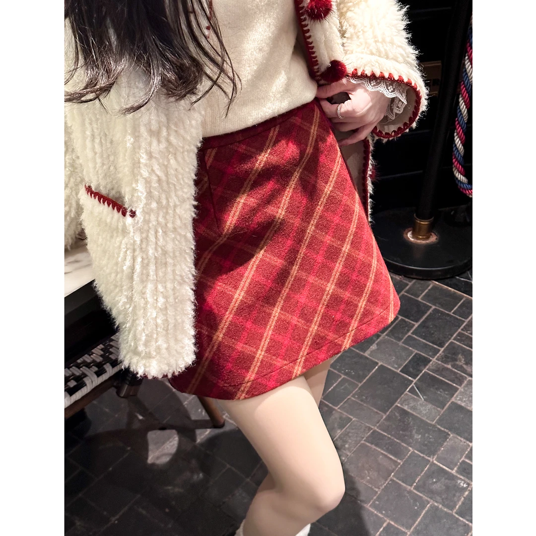 SHAOE清仓专场【甜心格】半裙女冬红色复古格子高腰显瘦长毛呢短裙