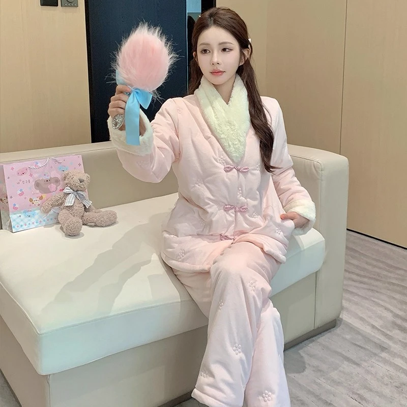 新中式睡衣女款秋冬三层夹棉珊瑚绒加绒加厚国风甜美家居服可外穿