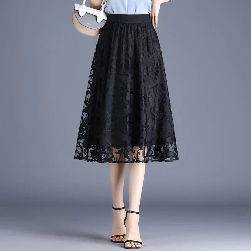 网纱半身裙2025新款春夏秋蕾丝裙高腰百褶裙黑色显瘦中长裙a字裙