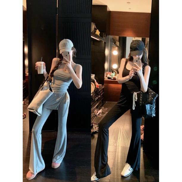 121-NO退NO换【遛弯套装】2色！修身显瘦绑带微喇套装（背心+长裤）