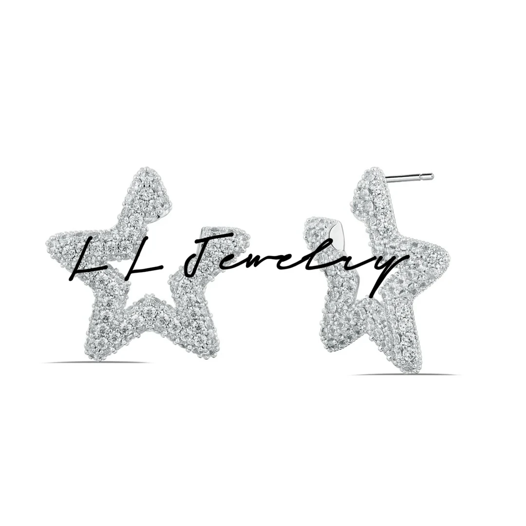 铜合金合成锆石耳饰 LL Jewelry & BLING风超闪五角星耳钉