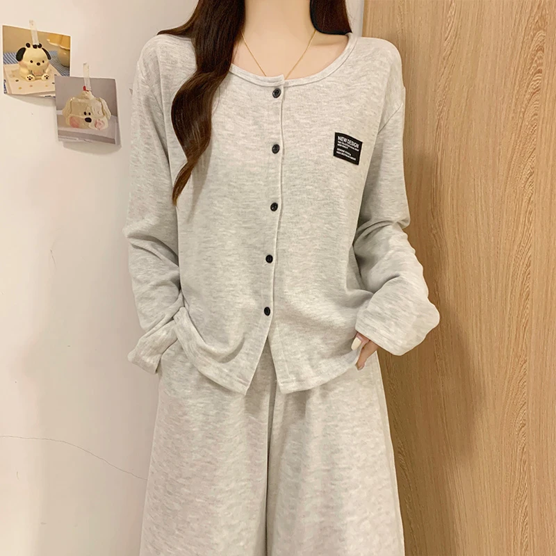 长袖睡衣女款春秋冬季加厚家居服休闲韩系简约ins风纯色开衫套装