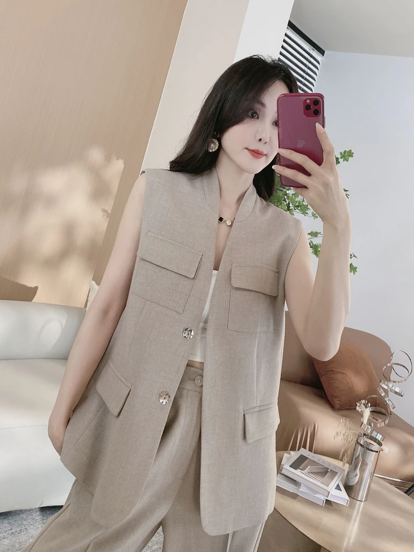 口袋老钱风马甲+两侧松紧阔腿裤两件套(YD)常规（5161）加长版2552