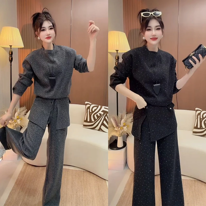 秋冬新款洋气百搭休闲套装66124网红显瘦气质圆领卫衣+裙帘长裤