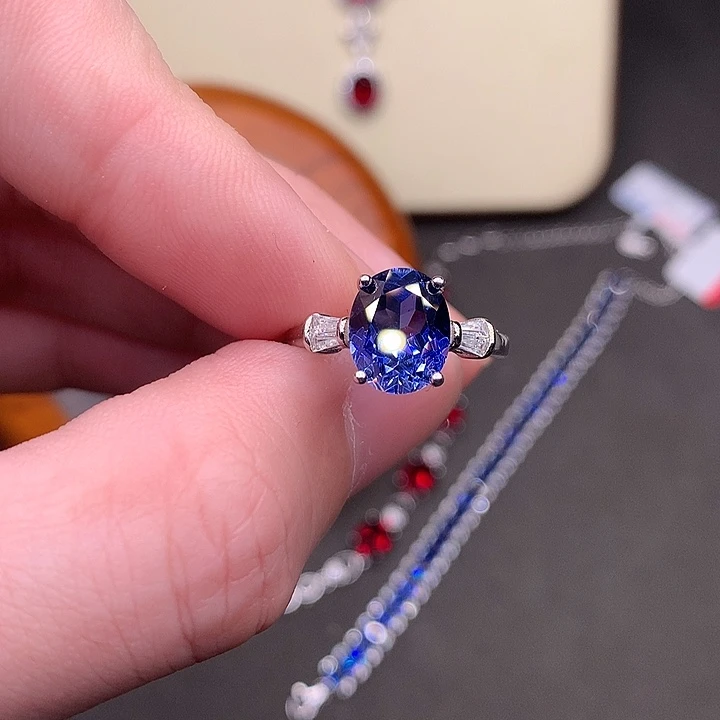 戒指蓝宝石银S925镶嵌矢车菊