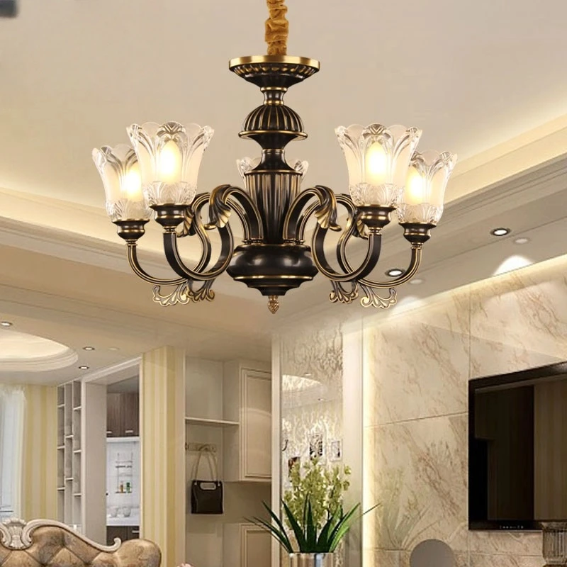 美式复古铜吊灯创意卧室书房餐厅5头吊灯全铜黑擦金灯具H053