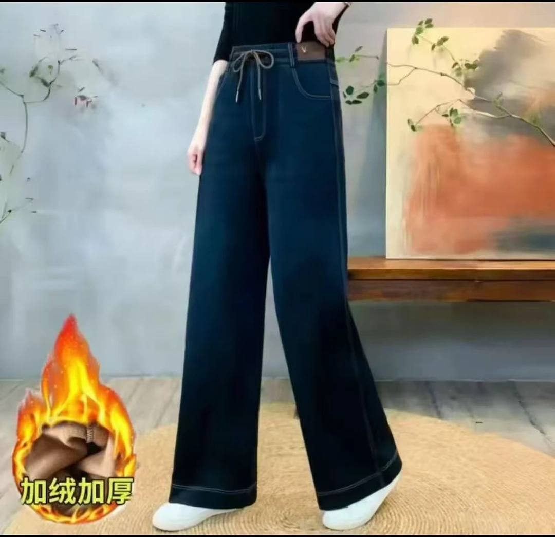 【冬款加绒】高腰窄版水洗软牛仔斜插口袋V字标宽松休闲直筒长裤