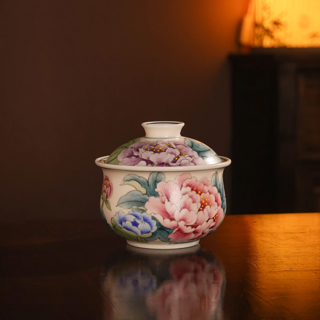 双生牡丹福袋盖碗-纯手工手绘牡丹盖碗