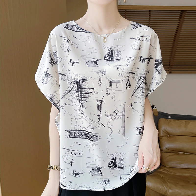 缎面夏季短袖印花圆领薄款复古印花洋气衬衫百搭休闲时尚ZH-A99