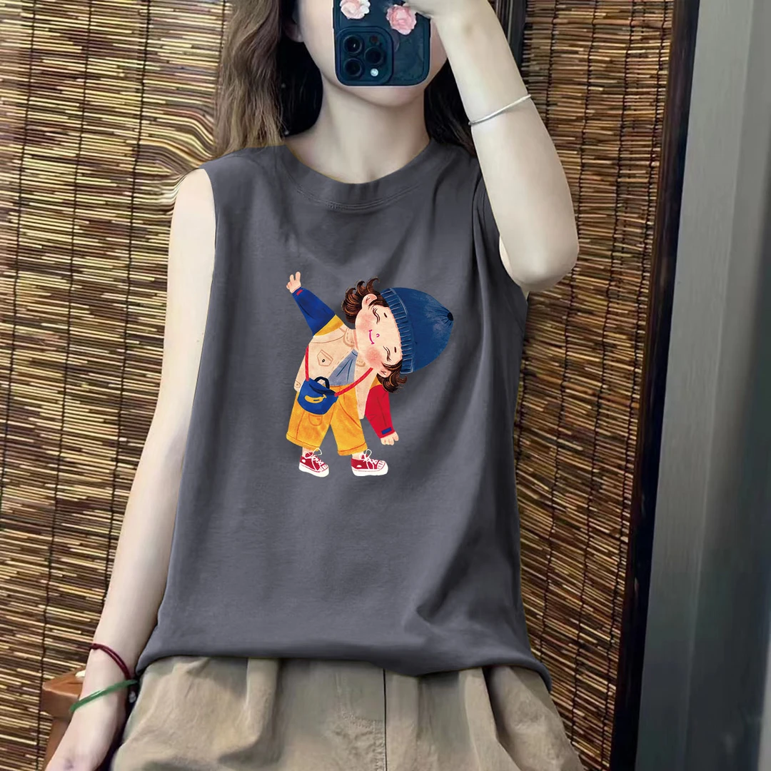 2025夏季韩版印花新款设计感小众纯棉圆领显瘦上衣女薄款无袖背心