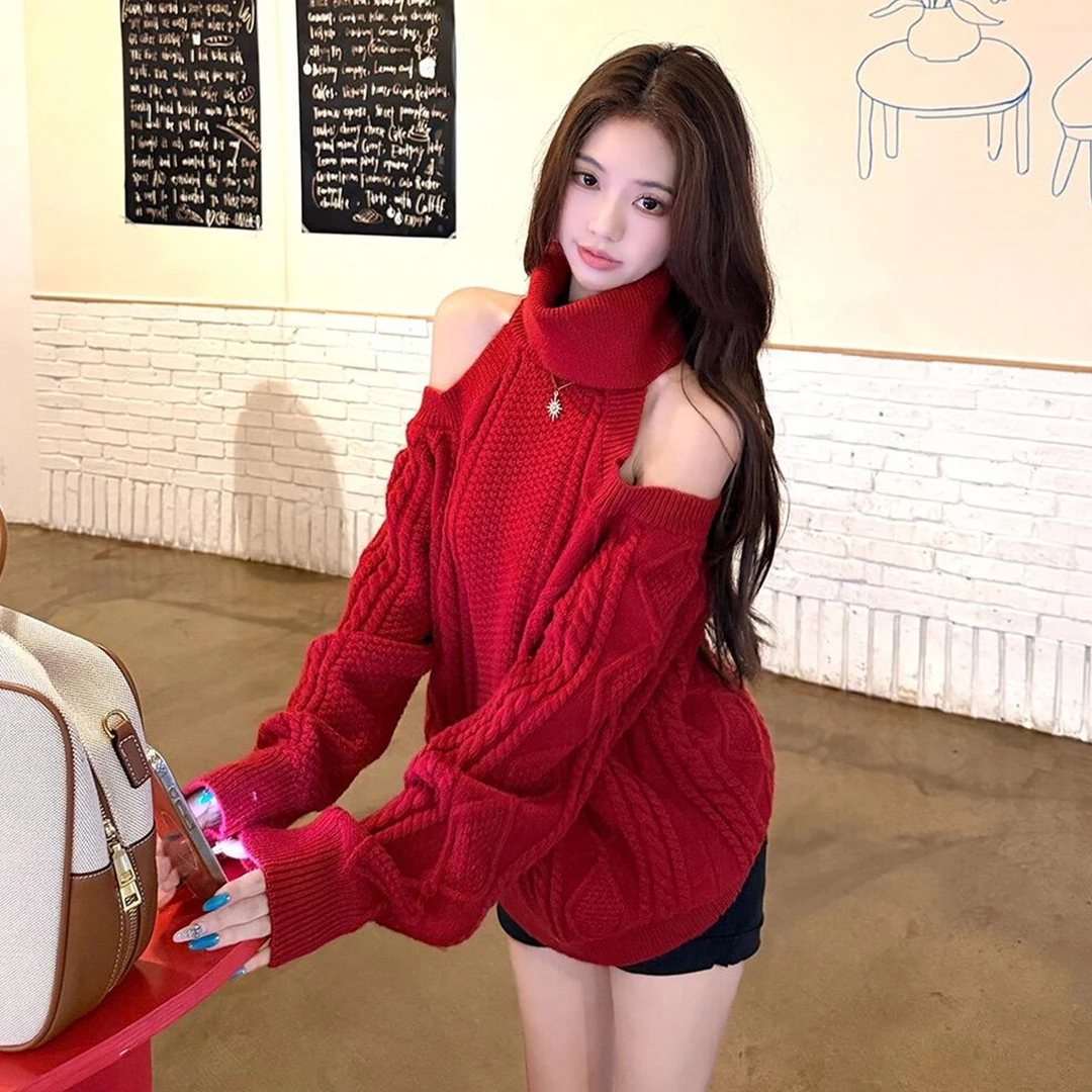 红色针织露肩挂脖圣诞毛衣女2025秋冬季新款慵懒高级感费尔岛毛衫