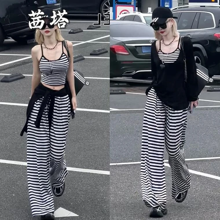 又酷又飒的拽姐辣妹套装女防晒罩衫吊带背心休闲运动阔腿裤三件套
