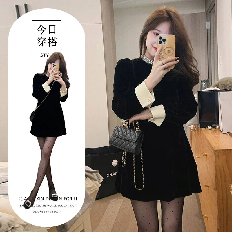 法式珍珠黑色丝绒连衣裙子女收腰气质高级感小个子内搭短裙秋冬季