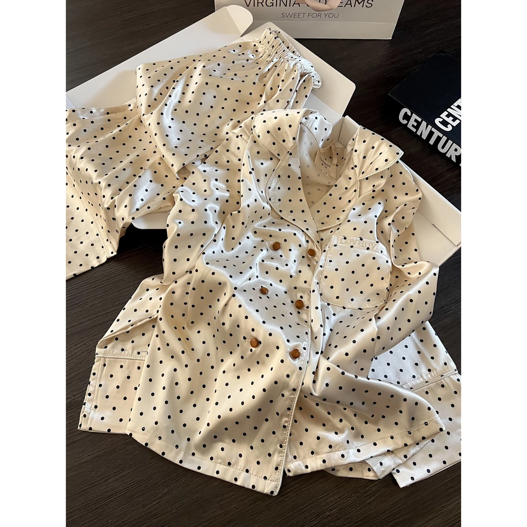 法式轻奢波点薄款冰丝睡衣女春秋季新款长袖长裤居服套装可外穿