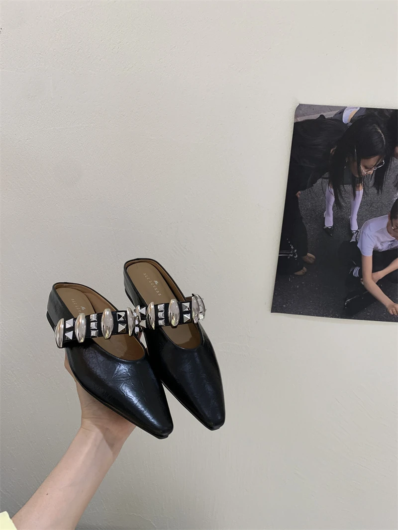 【封后轻奢设计】法式气质百搭包头尖头浅口金属扣半拖鞋女56-8