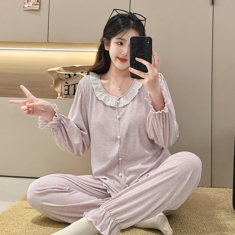 带胸垫月子服夏薄款莫代尔棉产后哺乳家居服怀孕产妇透气孕妇睡衣