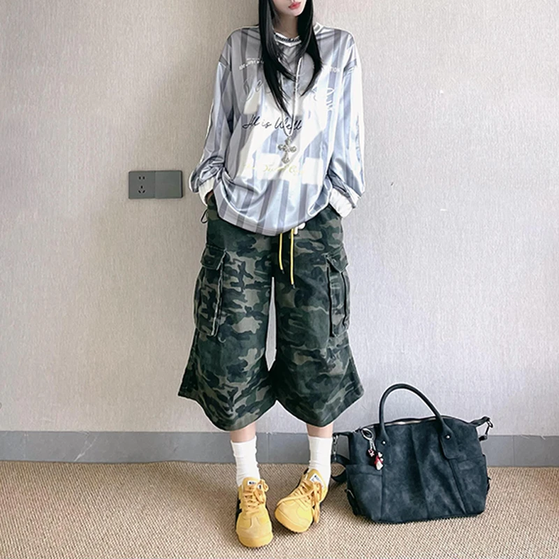 大码美式复古水洗迷彩七分牛仔裤女夏季新款宽松休闲百搭阔腿裤子