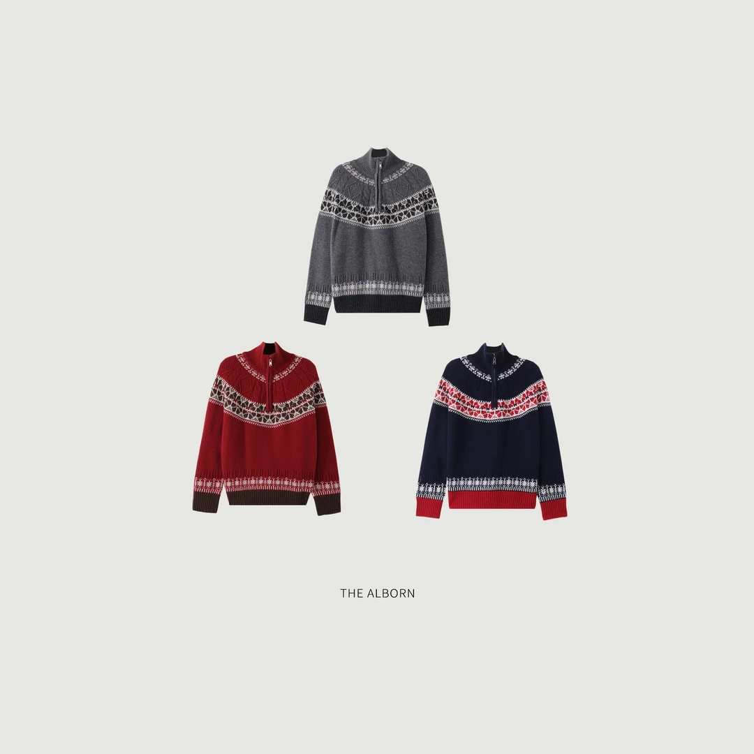 奥莉酱THEALBORN·“缤纷圣诞”100绵羊毛罗纹针织 立领费尔岛毛衣