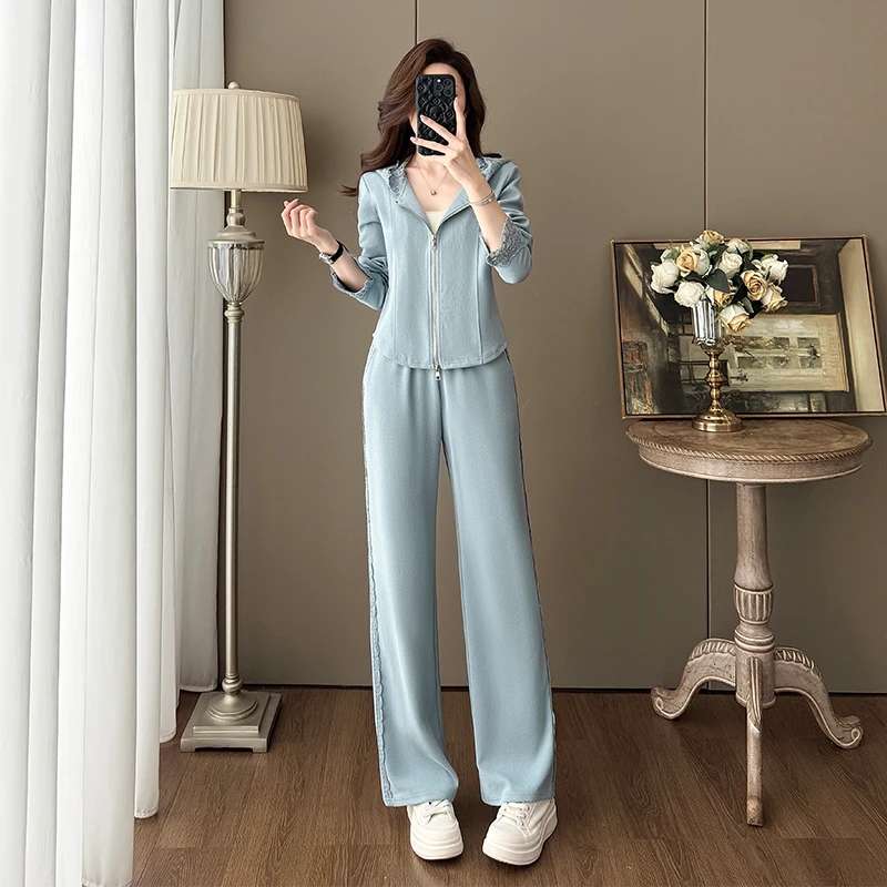 休闲运动套装女秋冬2025新款爆款穿搭一整套蕾丝拼接卫衣两件套潮