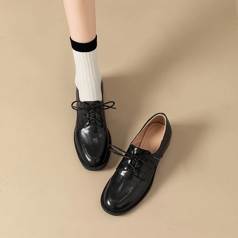 英伦风系带小皮鞋女复古粗跟圆头真皮深口软底单鞋百搭棕色乐福鞋