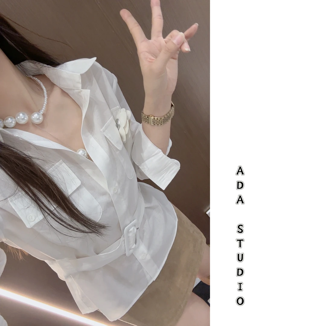 Ada定制【金秘书】POLO苎麻领宽松白色衬衫修身系带双口袋柔软上衣