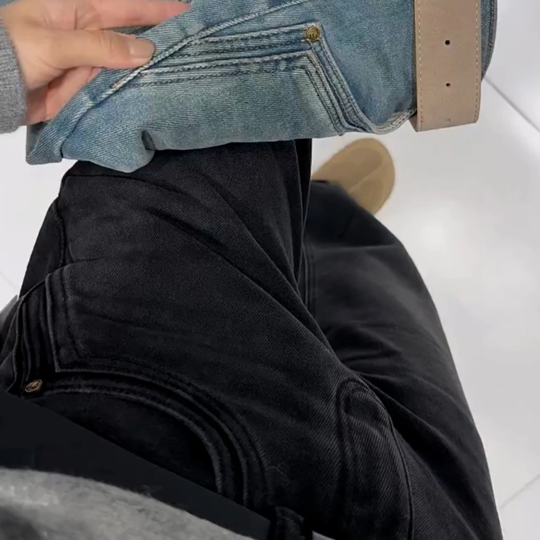 显瘦阔腿牛仔裤子女秋冬新款大码弯刀加绒加厚直筒拖地裤