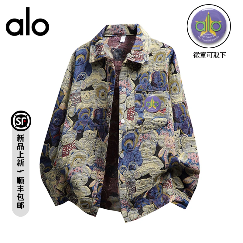 alo潮牌 星星徽章别针秋季宽松时尚小熊印花长袖衬衫外套男上衣