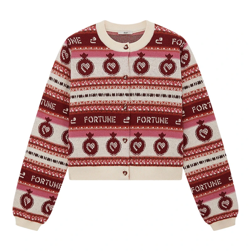 dzzit地素针织衫春秋费尔岛提花复古长袖圆领开衫上衣女3J1E548