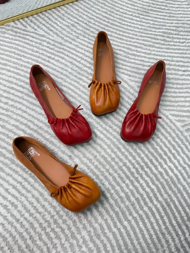 百搭牛皮软底浅口钱袋瓢鞋