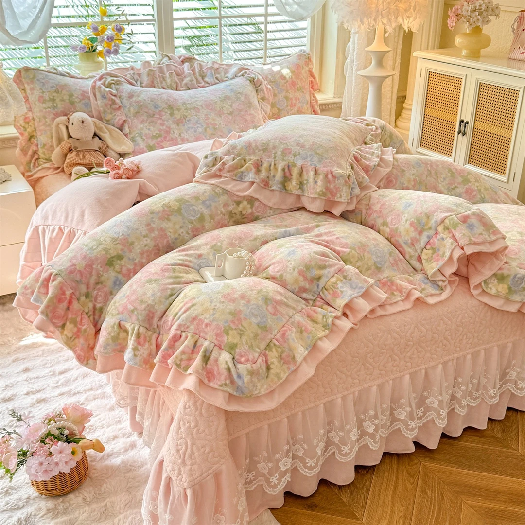 韩版花边牛奶绒四件套双面加绒加厚被套夹棉床盖笠防静电床上用品
