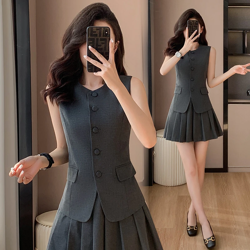 职业西装气质女士洋气小个子修身马夹休闲高腰百褶裙薄款西服外套