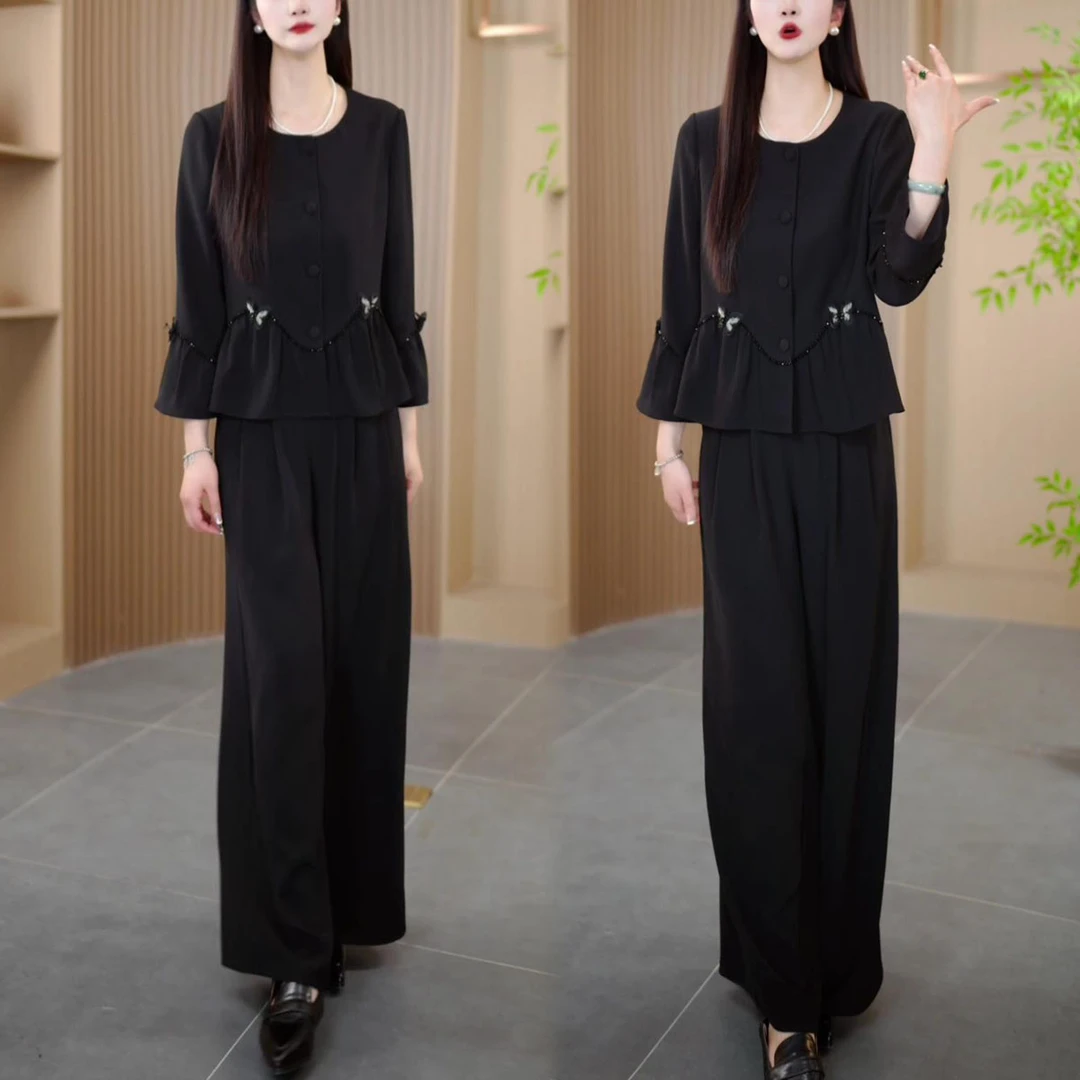 2025秋季新款时尚休闲套装女气质显瘦设计感长袖上衣阔腿裤两件套