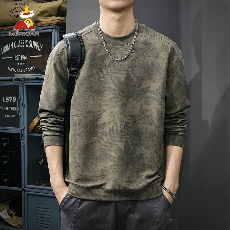 Mexican/稻草人美式复古印花长袖t恤男士秋季宽松圆领套头打底衫