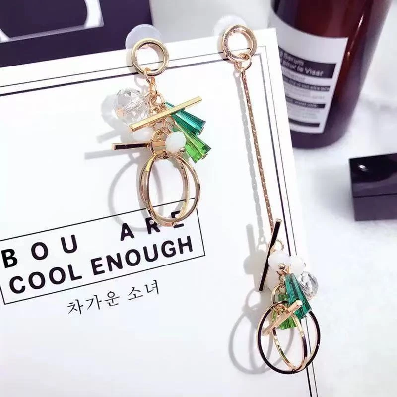 铜合金锆石耳饰 长款百搭圆圈不对称流苏几何耳环个性耳坠耳钉女