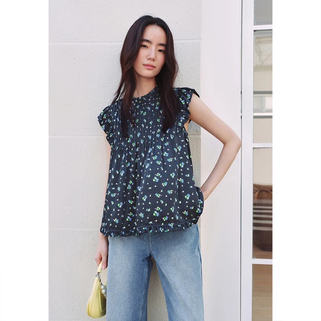 SALT.P可颜2025夏季新款弹力缎真丝碎花小飞袖上衣短款AC35270060