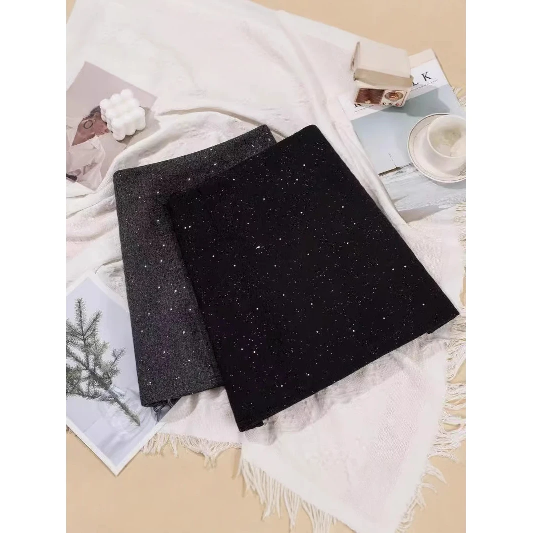 高级感亮闪闪毛呢半身裙女2024冬季新款复古显瘦小众A字包臀短裙