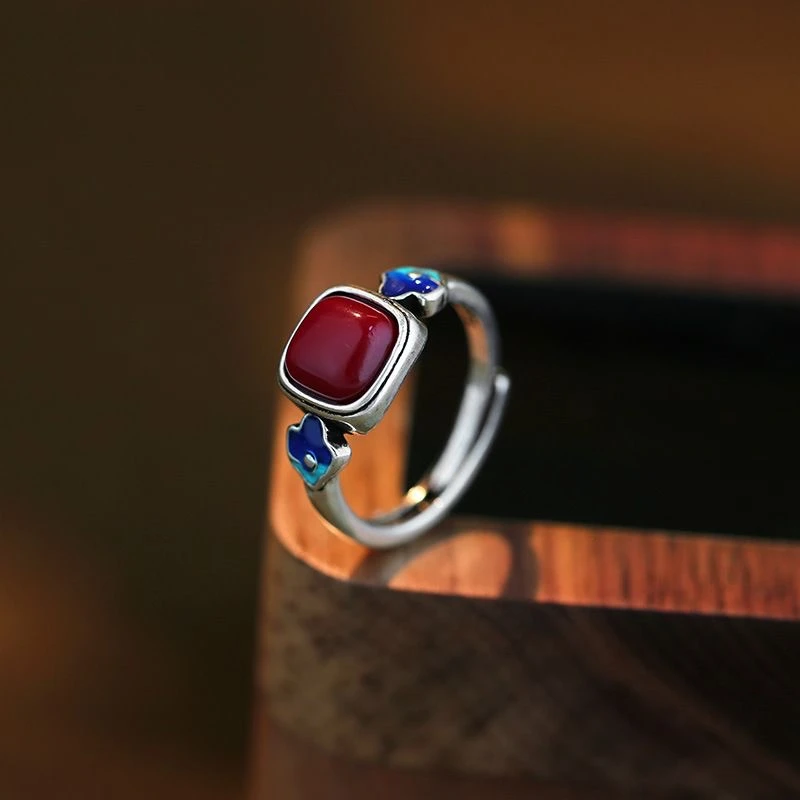 925银戒指 银饰开口戒指新中式复古做旧珐琅小众时尚气质高级感