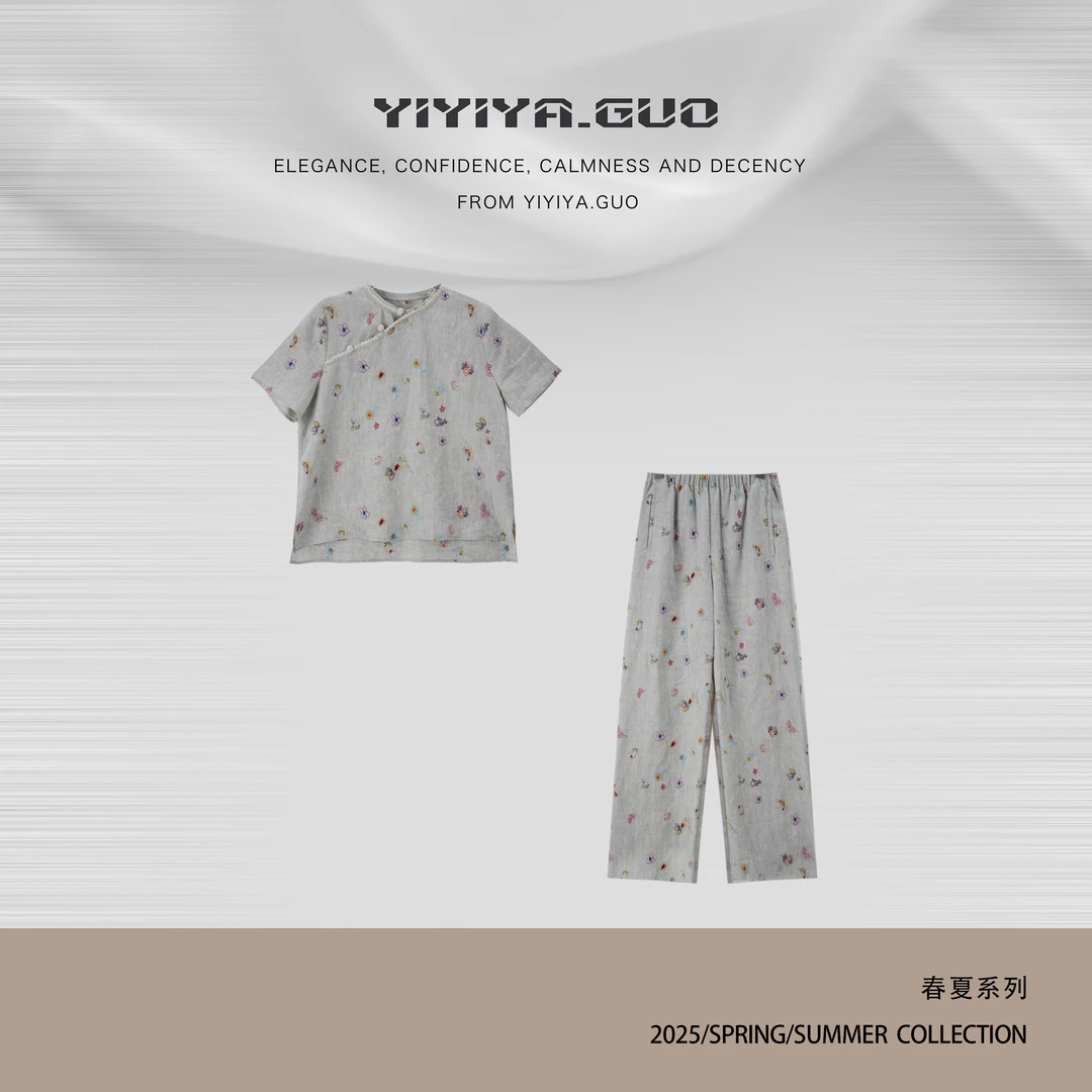yiyiya.Guo艺艺吖【花蝶纷飞】休闲刺绣亚麻斜襟上衣+裤子1615SS52