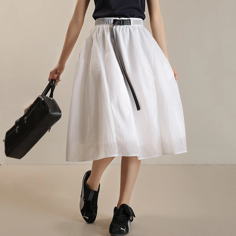 夏季女轻薄防晒半身裙松紧腰可调节中长款纯色白色显瘦休闲MD5174