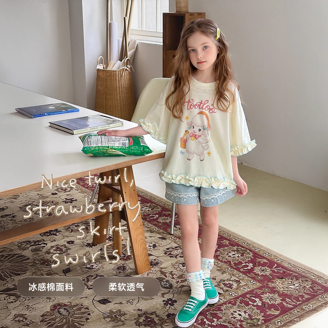 【小绵羊】蓝小爸童装女童拼接短袖夏季新款休闲圆领花边T恤