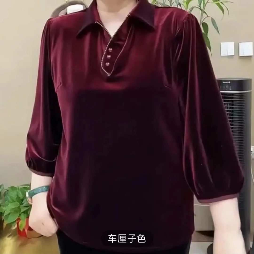 新款三粒扣遮肉显瘦宽松妈妈衫丝绒材质气质大码