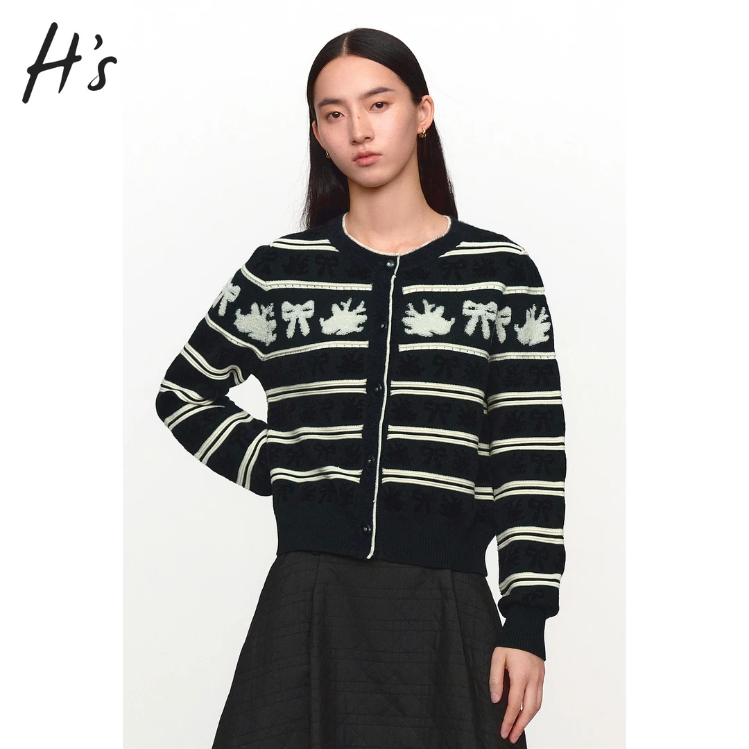 HS商场同款撞色剪影针织开衫冬季女装艺术感主题毛衣