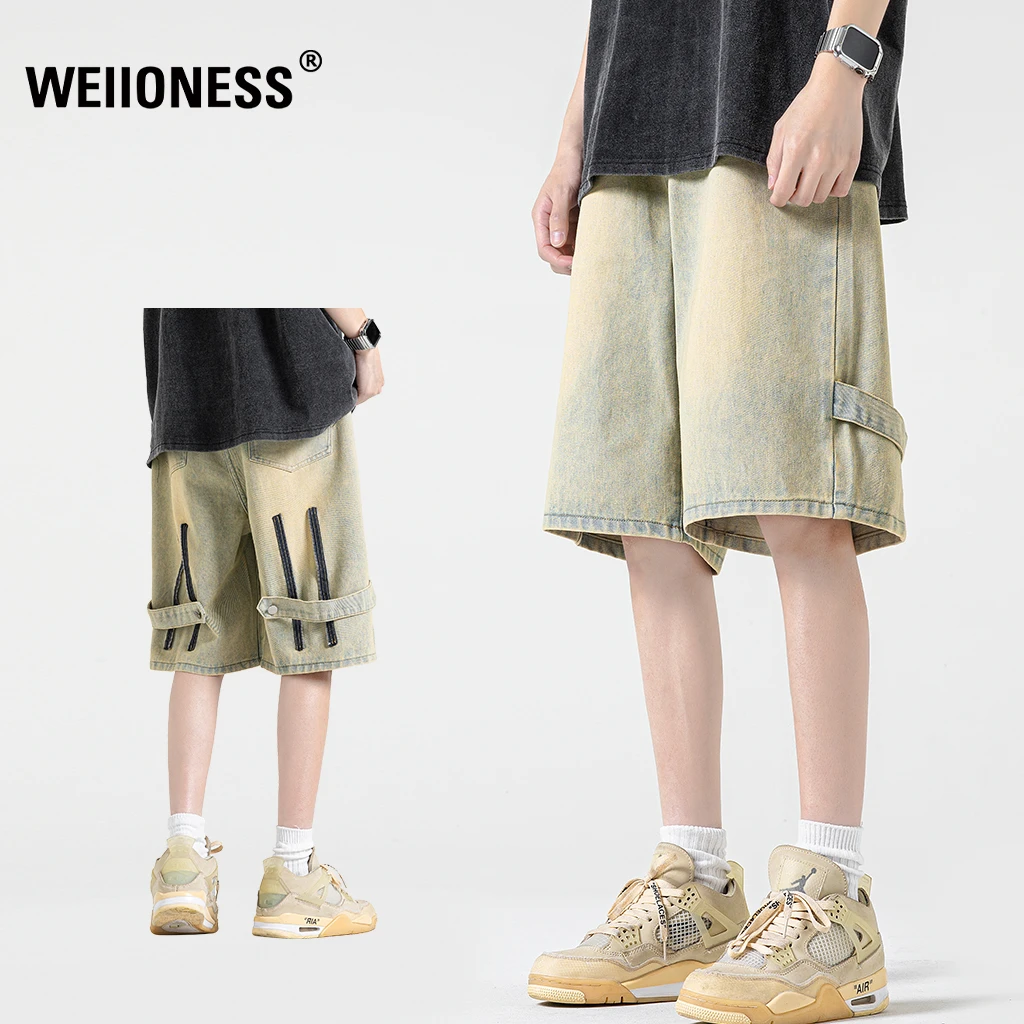 WEIIONESS牛仔短裤男夏季薄款透气复古做旧直筒中裤轻奢痞帅男装