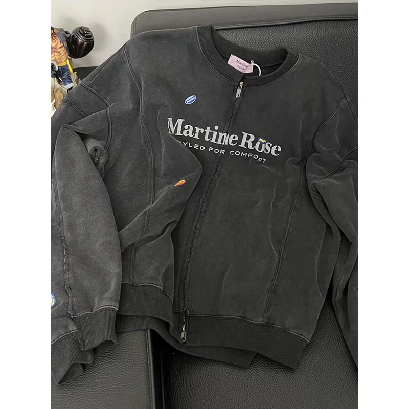 水洗做旧灰色圆领夹克男秋季设计感拼接拉链外套美式复古开衫卫衣