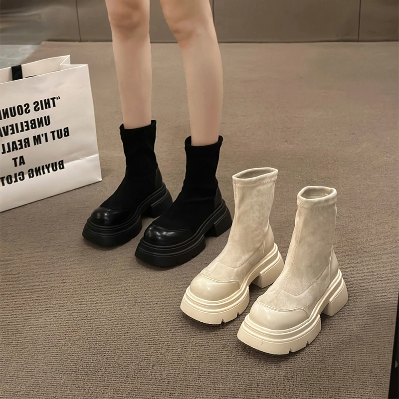 厚底短靴女2025新款秋季弹力瘦瘦靴英伦风复古马丁靴炸街黑色单靴