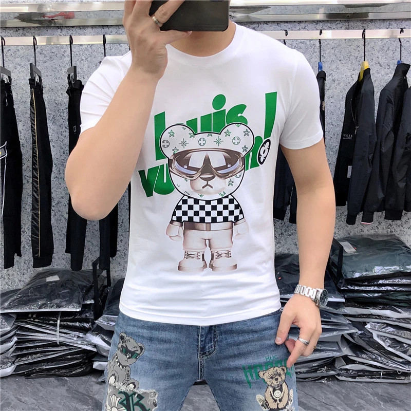 韦内卡彻短袖t恤夏季新款小熊烫钻印花丝光棉修身圆领白色衣服潮