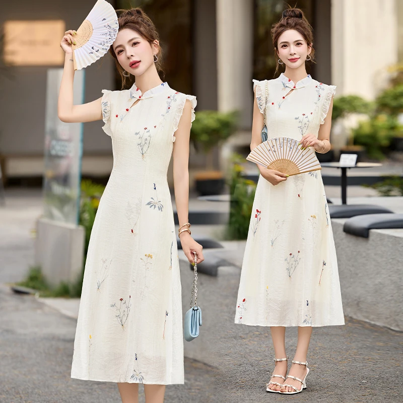新中式国风改良旗袍连衣裙女2025夏季新款复古气质盘扣中长款裙子